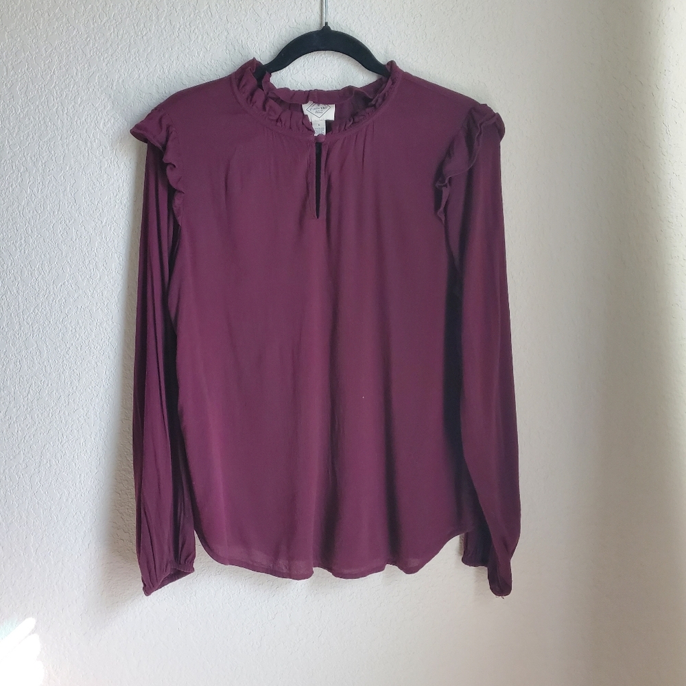 ST. JOHN"S BAY Burgundy Ruffle Shoulder Top